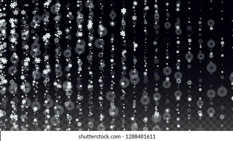 New Year Vector Background with White Falling Snowflakes Isolated on Transparent Background. Festival Snow Sparkle Pattern. Snowfall Overlay Print. Winter Sky. Design for  Poster.