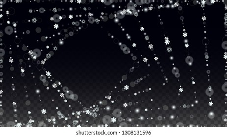 New Year Vector Background with White Falling Snowflakes Isolated on Transparent Background. Luxury Snow Sparkle Pattern. Snowfall Overlay Print. Winter Sky. Design for  Poster.