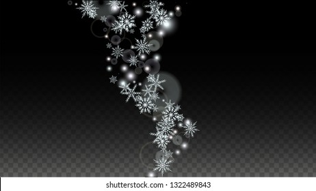 New Year Vector Background with White Falling Snowflakes Isolated on Transparent Background. Elegance Snow Sparkle Pattern. Snowfall Overlay Print. Winter Sky. Design for  Poster.