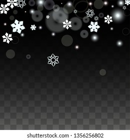 New Year Vector Background with White Falling Snowflakes Isolated on Transparent Background. Glitter Snow Sparkle Pattern. Snowfall Overlay Print. Winter Sky. Design for  Banner.