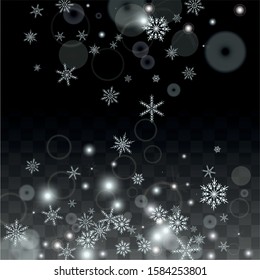 New Year Vector Background with White Falling Snowflakes Isolated on Transparent Background. Festival Snow Sparkle Pattern. Snowfall Overlay Print. Winter Sky. Design for  Party Invitation.