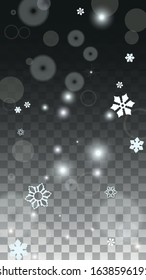 New Year Vector Background with White Falling Snowflakes Isolated on Transparent Background. Realistic Snow Sparkle Pattern. Snowfall Overlay Print. Winter Sky. Design for  Poster.