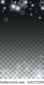 New Year Vector Background with White Falling Snowflakes Isolated on Transparent Background. Glitter Snow Sparkle Pattern. Snowfall Overlay Print. Winter Sky. Design for  Poster.