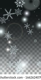 Fondo vectorial de Año Nuevo con copos de nieve blancos caídos aislados en un fondo transparente. Patrón de espuma de nieve de fantasía. Impresión superpuesta de nieve. Cielo invernal. Diseño para la venta navideña.