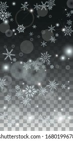 Fondo vectorial de Año Nuevo con copos de nieve blancos caídos aislados en un fondo transparente. Patrón de espuma de nieve realista. Impresión superpuesta de nieve. Cielo invernal. Diseño de afiche.