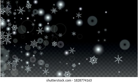 Fondo vectorial de Año Nuevo con copos de nieve blancos en caída aislados en fondo transparente. Patrón de espuma de nieve brillante. Impresión superpuesta de nieve. Cielo invernal. Diseño para la invitación de fiesta.