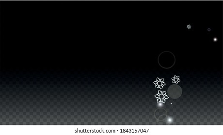 Fondo vectorial de Año Nuevo con copos de nieve blancos en caída aislados en fondo transparente. Patrón de espuma de nieve. Impresión superpuesta de nieve. Cielo invernal. Diseño para la venta navideña.