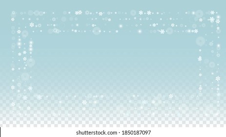 New Year Vector Background with White Falling Snowflakes Isolated on Transparent Background. Glitter Snow Sparkle Pattern. Snowfall Overlay Print. Winter Sky. Design for  Poster.