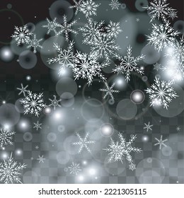 Fondo vectorial de Año Nuevo con copos de nieve blancos en caída aislados en fondo transparente. Patrón elegante de espuma de nieve. Impresión superpuesta de nieve. Cielo invernal. Diseño para la venta navideña.