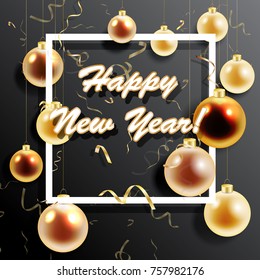New Year vector background wiyh gold balls and golden ribbons. 