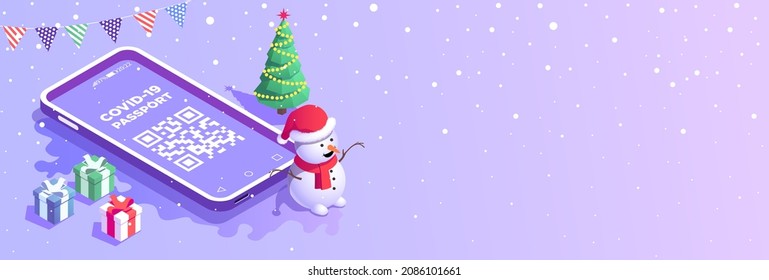 New Year vector banner. Entrance by QR code. Phone with a certificate of vaccination against coronavirus covid-19 with a snowman, a Christmas tree and gifts with snow. Place for your text.