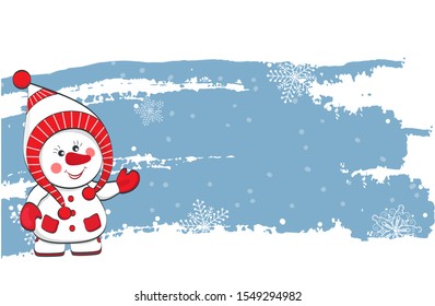 New Year vector banner. Snowman in a hat on a blue background with snowflakes. Vector
