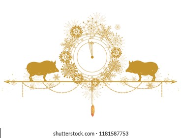 New Year vector border with pigs, snowflakes and clock in gold colors (EPS 10)