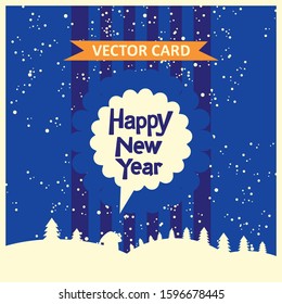 New Year Vector Card 001 - Old non-traditional abstract night style editable graphic poster template featuring Happy Newyear text in retro speech bubble greeting on blue vertical stripes' background