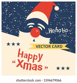New Year Vector Card 005 - Old Vintage graphic poster featuring Ho Ho Ho Happy Xmas calligraphic message with Santa face on a snowfall blue backdrop