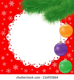 new year vector card background with spruce branch and glaring glass balls