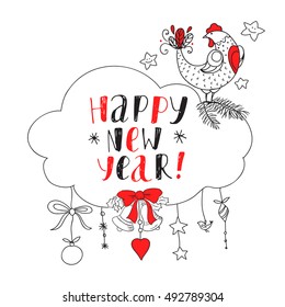 New Year vector card. Black and white background with rooster and decoration elements. Handwritten inscription Happy New Year. Modern calligraphy.