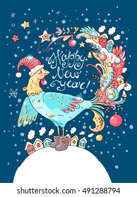 New Year vector card with the cute rooster with the decorations and houses on the tail and nice felt boots on his legs. Cartoon style