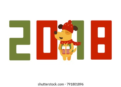 New Year vector card design with yellow dog, symbol of 2018 year. Year of dog 2018 logo, icon.  EPS 10