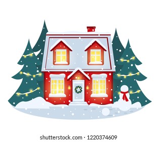 New year vector card. Evening snowfall and snow-covered house, Christmas trees decorated with lights, snow drifts and a snowman in a scarf.