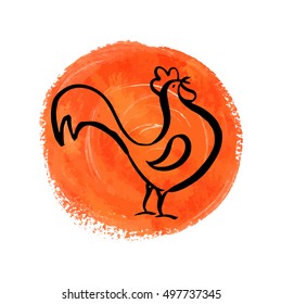 New Year vector card with fiery rooster. Orange watercolor Christmas background.