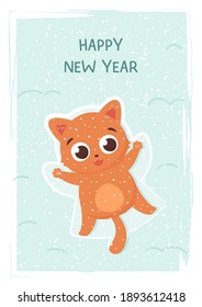 New Year vector card with a ginger cat, designed for printing