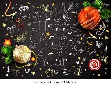 New Year vector card with realistic fir tree, balls, decorations and hand drawn Christmas elements on the chalkboard. Rooster. 3D. Black, red and gold. Chalk on blackboard.