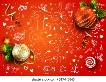 New Year vector card with realistic fir tree, balls, decorations and hand drawn Christmas elements. Rooster. 3D. Red winter holiday background. 2017 year.