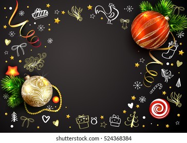New Year vector card with realistic fir tree, balls, decorations and hand drawn Christmas elements on black background. Rooster. 3D. Place for text.