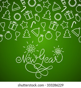 New Year vector charcoal card on green background for your design