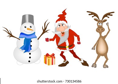 New Year. Vector christmas illustration with Funny Cartoons characters: Santa Claus, deer and snowman. 