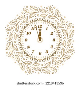 New Year vector clock with Christmas plants decoration on a white background
