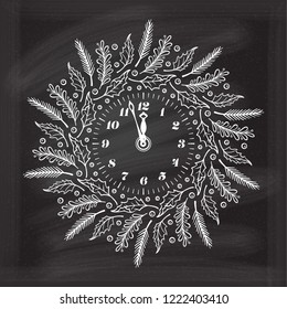 New Year vector clock with Christmas plants decoration on a chalkboard background