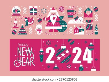 New Year vector collection of elements for postcards, stickers, posters. Template for the 2024 banner with Christmas toys.