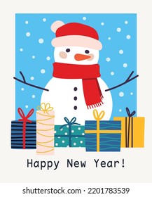 New Year vector color card with snowman and gifts in flat design