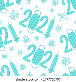nuevo año vectorial color claro patrón transparente. Figuras 2021 con símbolos de la pandemia del coronavirus y copos de nieve. Máscara y jeringa con vacuna covid-19 en 2021.