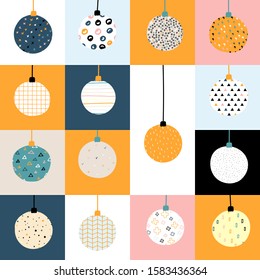 New Year vector color seamless pattern. Christmas balls with Scandinavian ornaments on a squares background. Bright festive cute stock illustration with decorative elements Snowflakes, dots, stripes