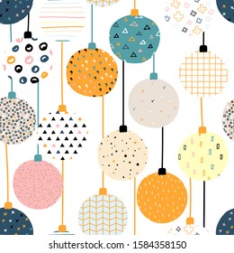 New Year vector color seamless pattern. Christmas balls with Scandinavian ornaments on a white background. Bright festive cute stock illustration with decorative elements Snowflakes, dots, stripes