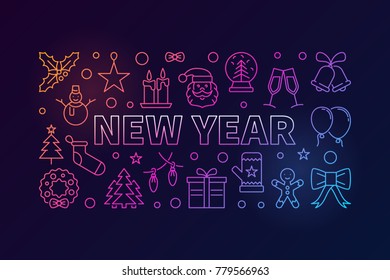 New Year vector colored illustration or horizontal banner in line style on dark background