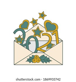 Composición vectorial de año nuevo con estrellas, corazones y sobre. Ilustración dibujada a mano