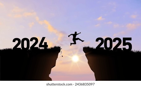 New year vector concept. Businessman jumping gap on the cliff from number 2024 to number 2025. Welcome 2025. 2025 falls into the abyss. Vector people entered the year 2025, creative idea.