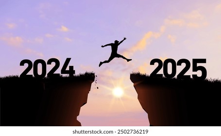 New year vector concept. Businessman jumping gap on the cliff from number 2024 to number 2025. Welcome 2025. 2025 falls into the abyss. Vector people entered the year 2025, creative idea.