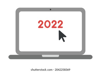New year vector concept, Click to 2022 with mouse arrow on laptop. Flat colored style.