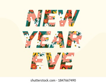 New year vector concept: Floral new year eve text on the white background