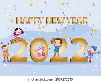 New year vector concept. Group of happy children celebrating new year of 2022 while playing at the snowy park