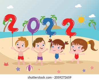 Concepto vectorial de año nuevo. Grupo de niños felices sosteniendo globos formando los números del 2022 mientras estaban de pie juntos en la playa tropical