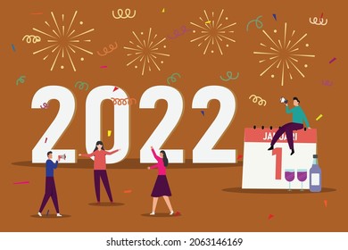 New year vector concept. Group of young people having new year 2022 party with exploding fireworks background