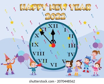 New year vector concept. Group of happy children doing countdown for new year 2022 while standing under falling confetti