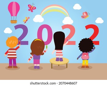 Concepto vectorial de año nuevo. Grupo de niños lindos usando un cepillo mientras pintan el número 2022 en la pared