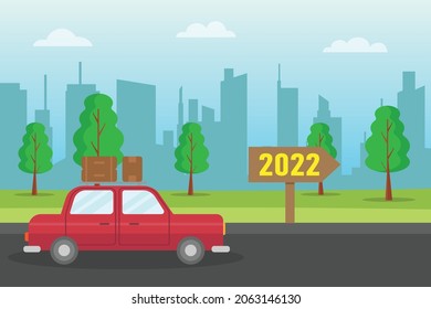 New year vector concept. Red car moving on the road with 2022 numbers on the signpost